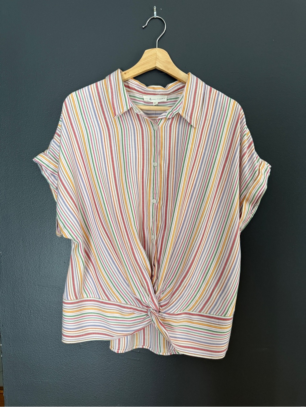 Lou & Grey LOFT Pastel Multi-Stripe Button-Front Twist Hem Shirt NWT